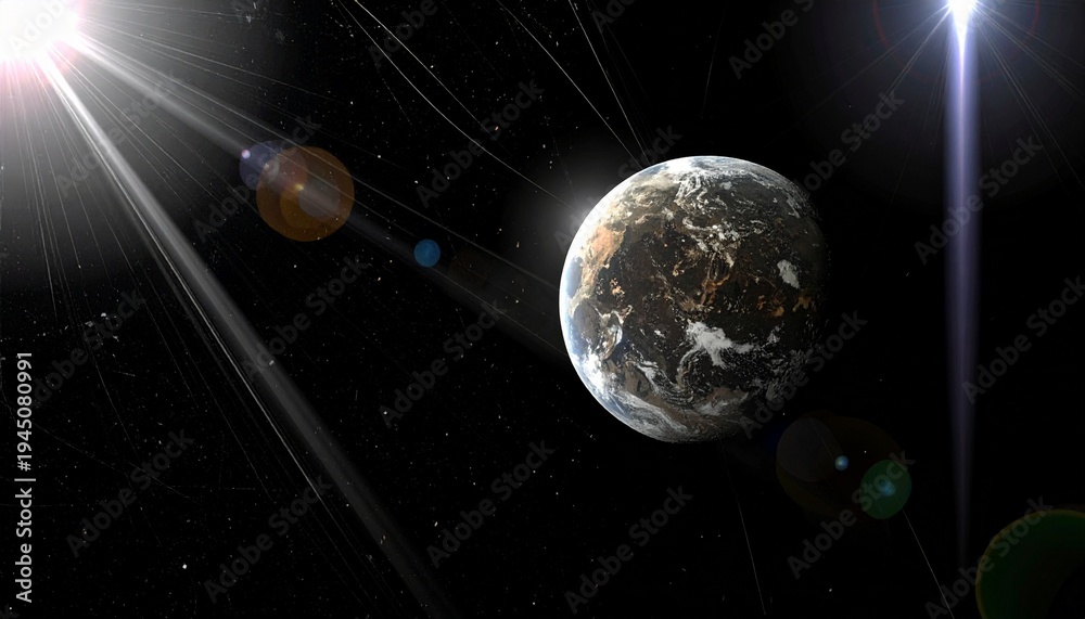Fototapeta premium Earth in space with bright sunlight and lens flares on a dark background