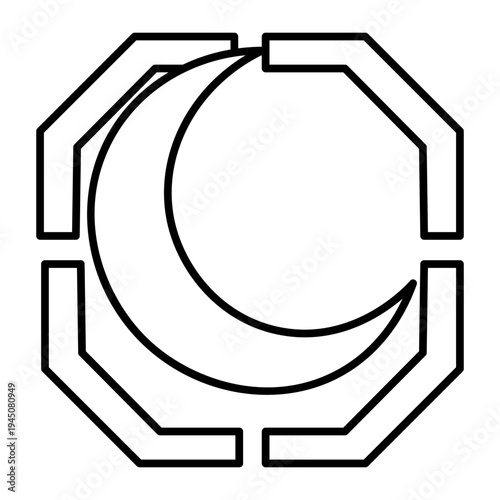 A stylized black and white graphic of a crescent moon enclosed within an octagonal frame.