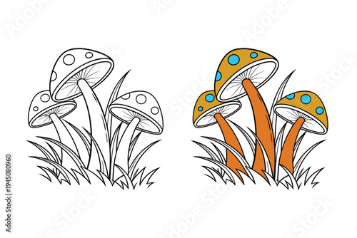 Mushroom coloring book page for kids featuring outline and colored versions of forest fungi