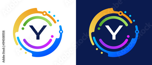 Modern letter “Y” logo with circular abstract elements and colorful gradient design, symbolizing digital technology, innovation, data connectivity, and modern branding.