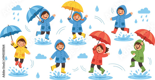 Happy kids playing in rain with umbrellas raincoats jumping in puddles rainy weather children vector illustration set