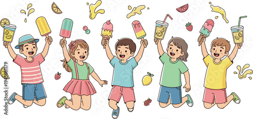 Happy kids enjoying ice cream popsicles and lemonade drinks summer fun children cartoon vector illustration set