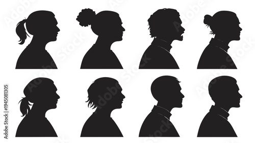 Silhouettes of diverse people in profile showcasing a variety of hairstyles