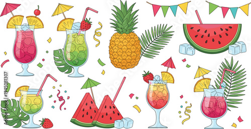 Tropical summer cocktail drinks collection with pineapple watermelon strawberry citrus refreshment party beverage vector illustration set