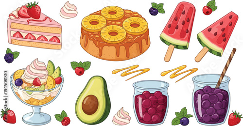 Sweet dessert and fruit treats collection with cake watermelon popsicle yogurt berries avocado vector illustration set