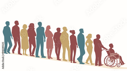 A diverse group of people standing in a line including a wheelchair user