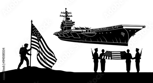 American Soldier Raising Flag, Aircraft Carrier, Honoring Veterans, Military Service