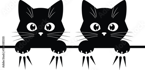 vector illustration of two black kittens peeking over a ledge with big eyes and claws