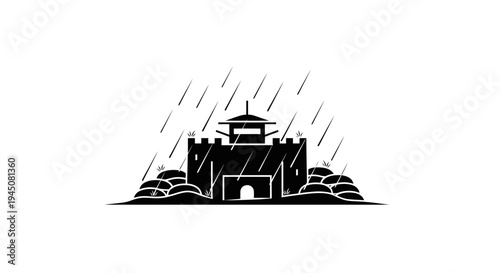Ancient Japanese Castle Gate in Heavy Rain