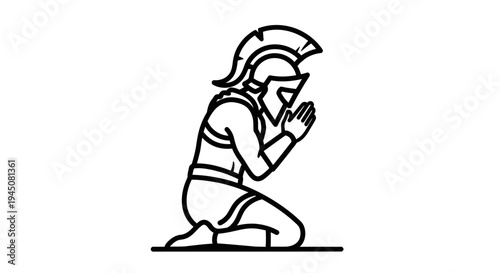 Ancient Warrior Kneeling in Prayer, Spartan Soldier Praying, Helmeted Warrior Supplicating