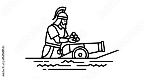 Ancient Warrior Loading Cannon with Cannonballs, Naval Warfare