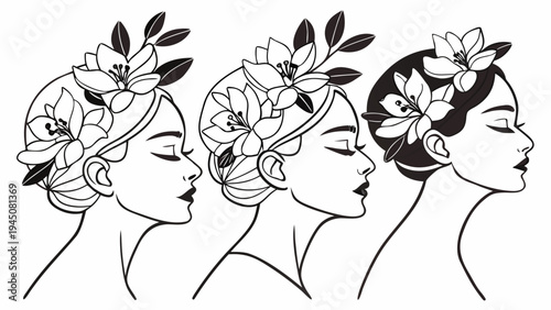 Three women in profile adorned with delicate floral headpieces