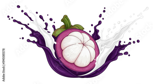 Fresh mangosteen fruit with purple juice and milk splashing around it in a dynamic scene indoors