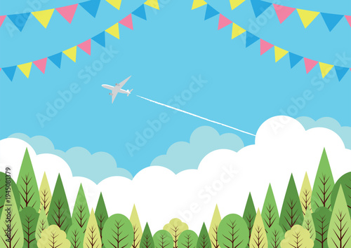 森、旗、飛行機、背景、イラスト、かわいい、横