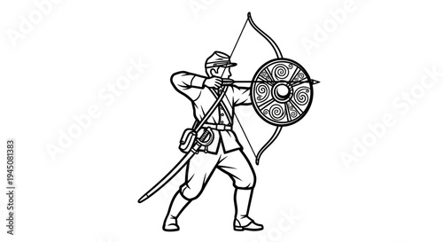 Archer Warrior with Shield and Sword, Ancient Combatant Drawing Bow, Historical Military Figure
