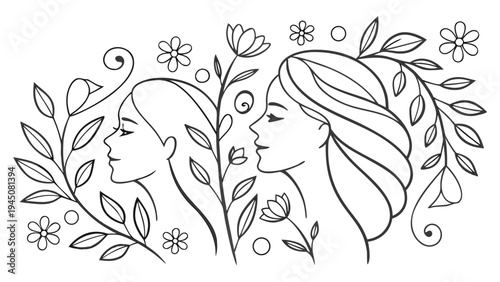 Two women s faces in profile surrounded by floral and botanical elements