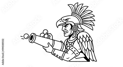 Aztec Warrior with Cannon Shooting Balls, Eagle Helmet, Historical Illustration