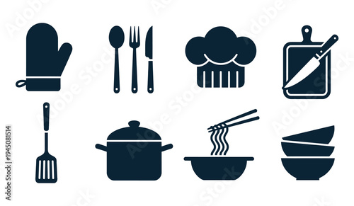 Cooking and Kitchen Tools Icon, chef hat, pot, and essential utensils illustration, culinary equipment vector