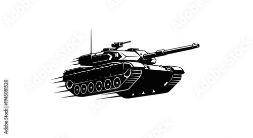 Black and white illustration of a modern battle tank in motion, dynamic, military vehicle.