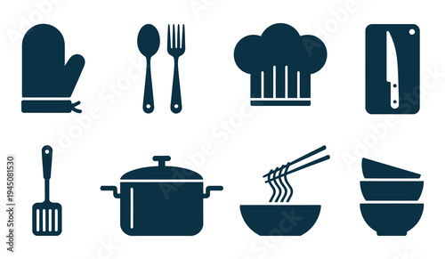 Cooking and Kitchen Tools Icon, chef hat, pot, and essential utensils illustration, culinary equipment vector