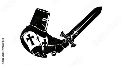 Black and White Templar Knight Holding a Sword, Medieval Warrior Silhouette