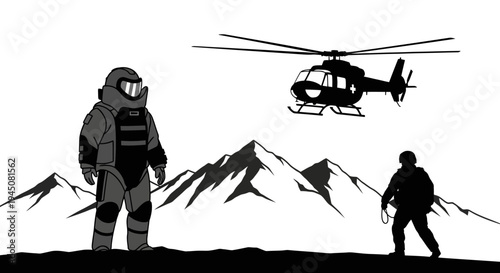 Bomb Squad Operator in Hazmat Suit and Soldier with Helicopter in Mountains