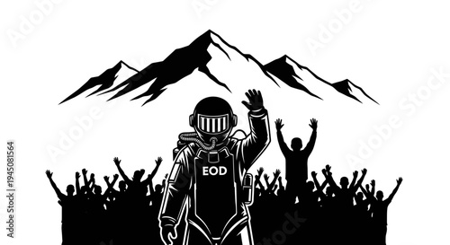 EOD astronaut waving to cheering crowd with mountains in background, vector illustration