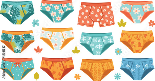 Colorful women panties collection with seasonal floral leaf and snow patterns cute underwear fashion vector illustration set