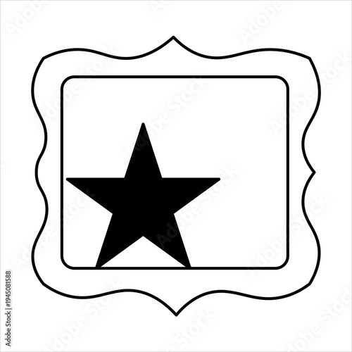 A black five-pointed star is centered within a white rectangular frame, which is then enclosed by a decorative scalloped border.