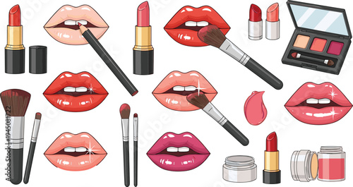 Beauty makeup lips collection with lipstick brushes lip gloss palette cosmetic products glamorous fashion makeup artist vector illustration
