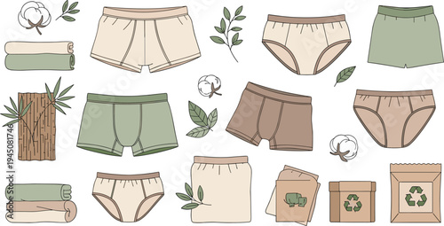 Eco friendly organic cotton underwear collection with sustainable fabric packaging natural textile lingerie set vector illustration