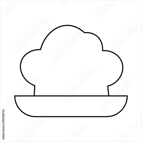 A simple, clean, black and white line drawing of a chef's hat resting on a plate.