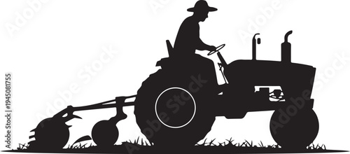 Black silhouette of man driving tractor with plow farmer