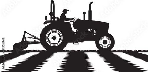 Black silhouette of man driving tractor with plow on field