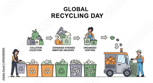 Illustration depicting a recycling process on Global Recycling Day with workers collecting and sorting waste into bins for sustainable practices.