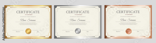 Certificate of achievement templates set. Gold, silver, and bronze horizontal diploma layouts with seals and elegant borders. Professional vector design for school and corporate awards.