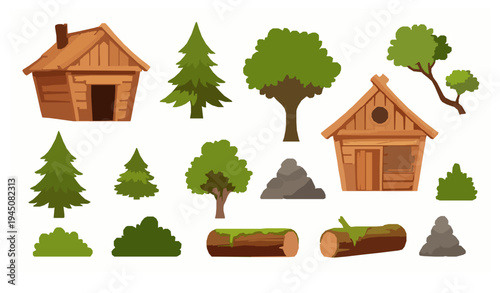 Cartoon forest cottage woodland objects set hut trees logs stones vector illustration