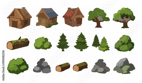 Forest cabin and woodland elements cartoon vector set cottage trees rocks bushes