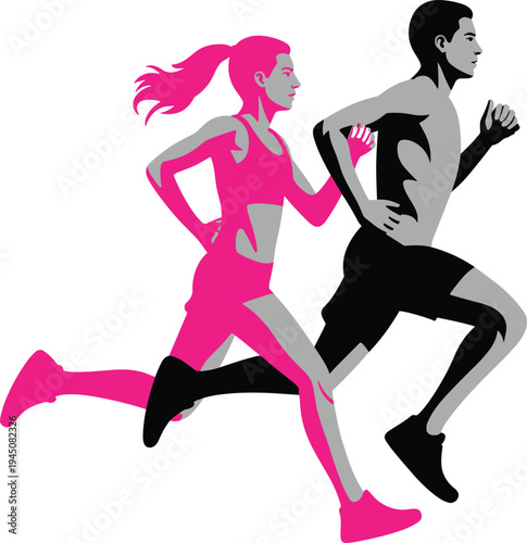 Male and female running silhouettes in dynamic stride poses, athletic sports illustration design, human motion energy artwork, fitness training flat vector