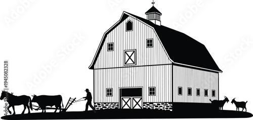 Farmer plowing field with horses near large barn, vintage rural farm landscape silhouette vector, agricultural life and livestock animal illustration.