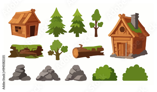 Cartoon forest hut and wooden cottage nature elements set trees logs stones vector