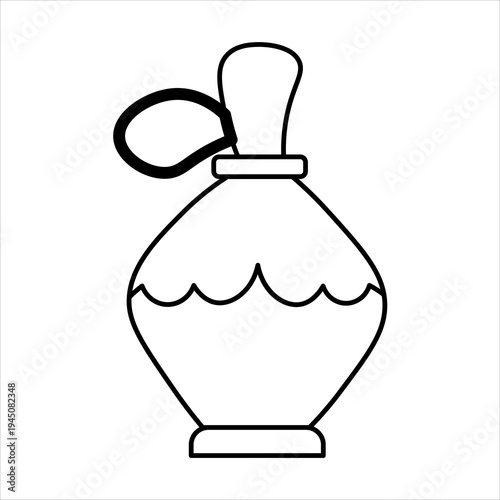 Simple black and white line art drawing of a classic perfume bottle with a decorative atomizer bulb, ideal for coloring pages or minimalist design.