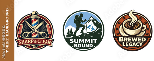 Three creative vintage logo designs for t shirts featuring barber scissors hiking and coffee themes isolated on transparent background