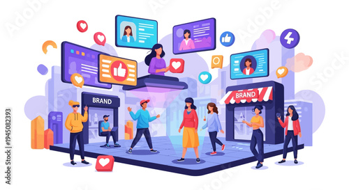 Colorful illustration of Gen Z people interacting with various digital devices and icons in a vibrant, modern setting, conveying innovation and productive marketing ideas.