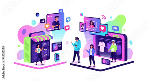 Colorful illustration of Gen Z people interacting with large smartphones and tablets, showcasing innovative marketing ideas and productive design concepts on a vibrant background.