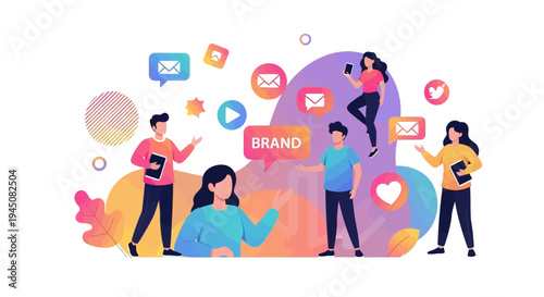 A colorful illustration of a diverse group of Gen Z people interacting with social media icons and a banner with the word 'BRAND', conveying a productive and innovative mood with a mix of