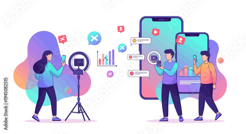 A colorful illustration of a diverse group of people creating content for social media with a smartphone and camera on a white background with design elements and graphs.