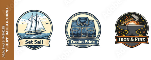 Three vintage style logo designs featuring nautical sailing denim and blacksmith themes isolated on transparent background great for t shirts posters and branding
