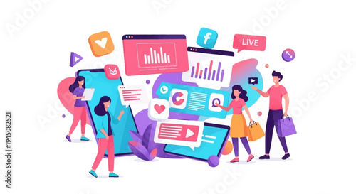 Colorful illustration of a group of Gen Z people interacting with mobile devices and social media icons, conveying a productive and innovative mood with a mix of design elements and banners