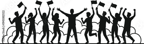 Celebration crowd silhouette, people cheering illustration, unity and joy design, festive rally concept, group excitement art, black figure background